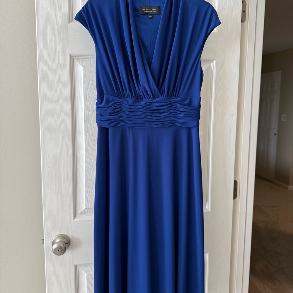 Black Label Blue Ruched Midi Dress V-Neck Cap Sleeve